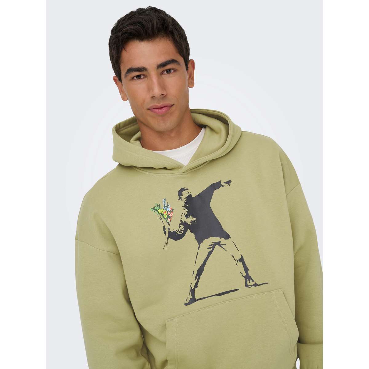 ONLY & SONS MENS REGULAR FIT COTTON BANKSY VTG HOODIE VD Twill FLOWER BEIGE - Μπεζ - XXL